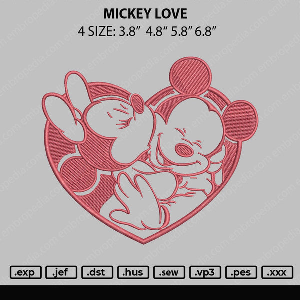 Mickey Love Embroidery File 4 size