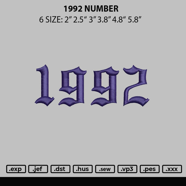 1992 Number Embroidery File 6 sizes