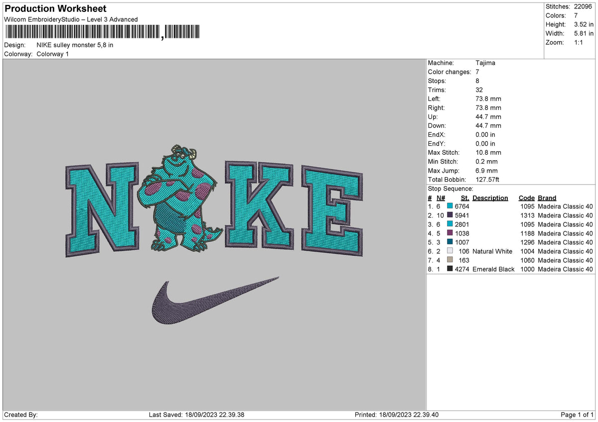 Nike Sulley Monster Embroidery File 6 sizes – Embropedia