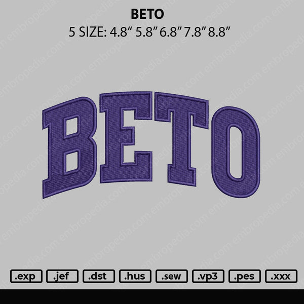 Beto Embroidery File 6 sizes