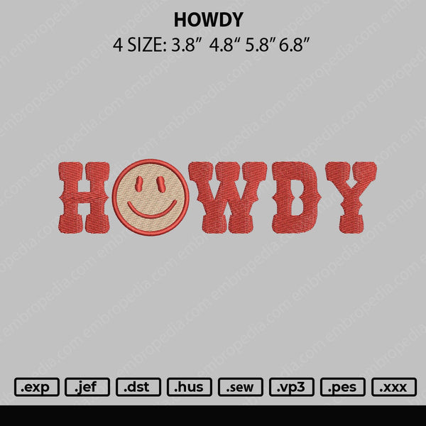Howdy Embroidery File 4 size