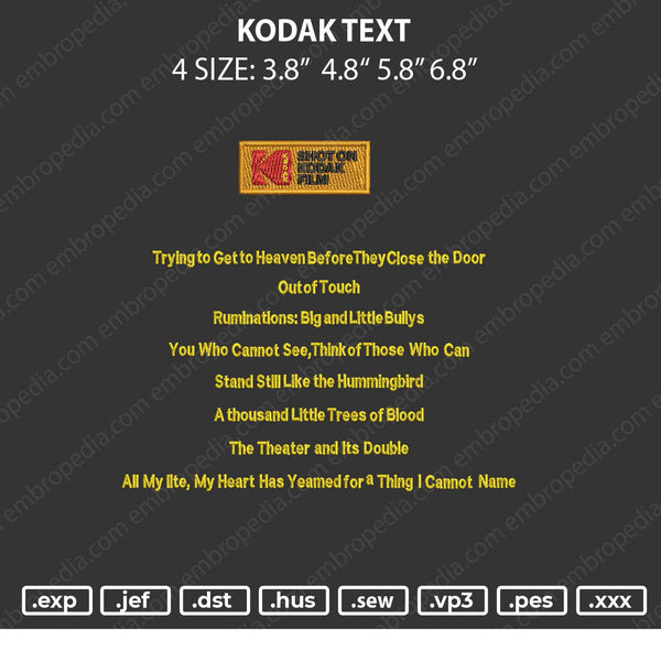 Kodak Text Embroidery File 4 size